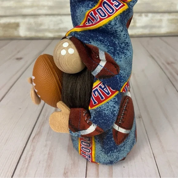 Football Game Gnome Vintage Football Print Fabric Blue Brown Faux Fur Man Cave - Picture 9 of 11